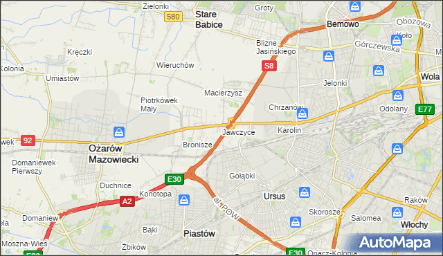 mapa Jawczyce gmina Ożarów Mazowiecki, Jawczyce gmina Ożarów Mazowiecki na mapie Targeo