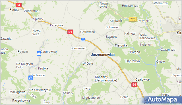 mapa Jerzmanowice gmina Jerzmanowice-Przeginia, Jerzmanowice gmina Jerzmanowice-Przeginia na mapie Targeo