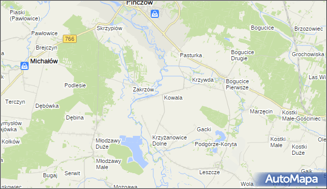 mapa Kowala gmina Pińczów, Kowala gmina Pińczów na mapie Targeo