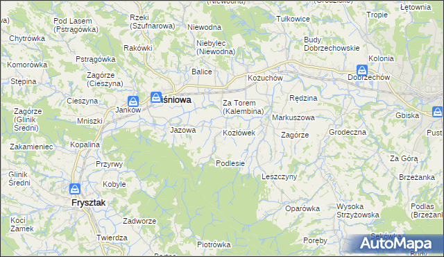 mapa Kozłówek gmina Wiśniowa, Kozłówek gmina Wiśniowa na mapie Targeo