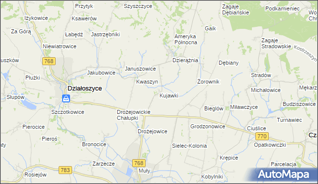 mapa Kujawki gmina Działoszyce, Kujawki gmina Działoszyce na mapie Targeo