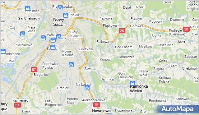 mapa Kunów gmina Chełmiec, Kunów gmina Chełmiec na mapie Targeo