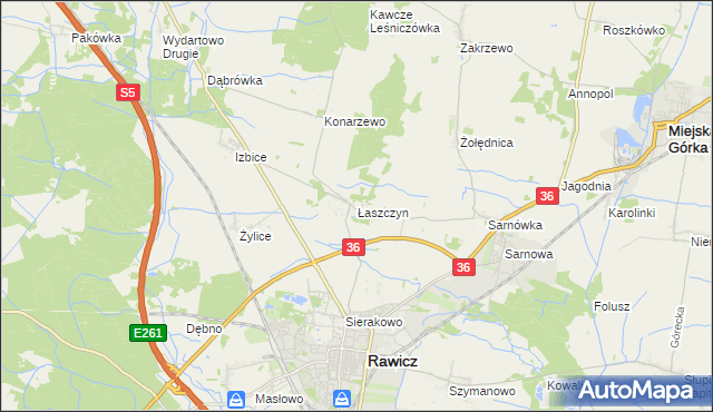 mapa Łaszczyn gmina Rawicz, Łaszczyn gmina Rawicz na mapie Targeo