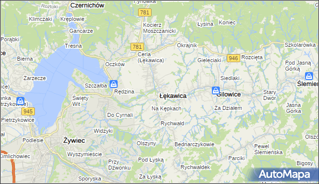 mapa Łękawica powiat żywiecki, Łękawica powiat żywiecki na mapie Targeo