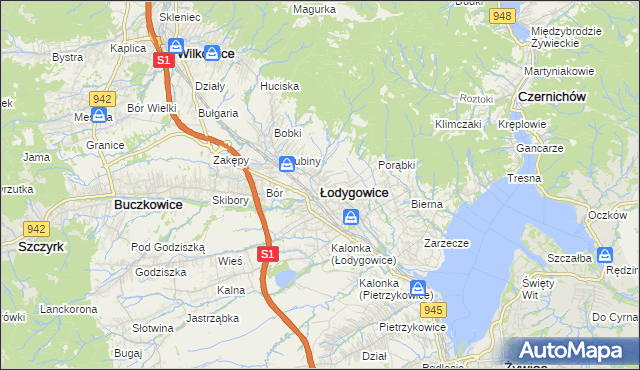 mapa Łodygowice powiat żywiecki, Łodygowice powiat żywiecki na mapie Targeo