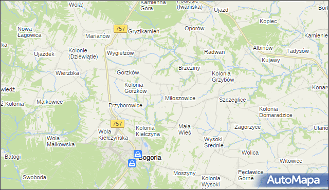 mapa Miłoszowice gmina Bogoria, Miłoszowice gmina Bogoria na mapie Targeo
