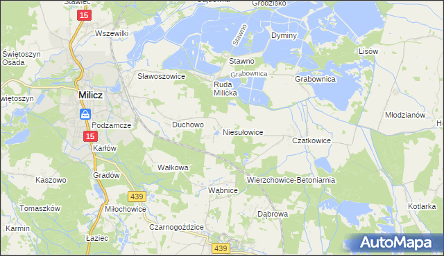 mapa Niesułowice gmina Milicz, Niesułowice gmina Milicz na mapie Targeo