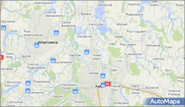 mapa Nowa Wieś gmina Kęty, Nowa Wieś gmina Kęty na mapie Targeo