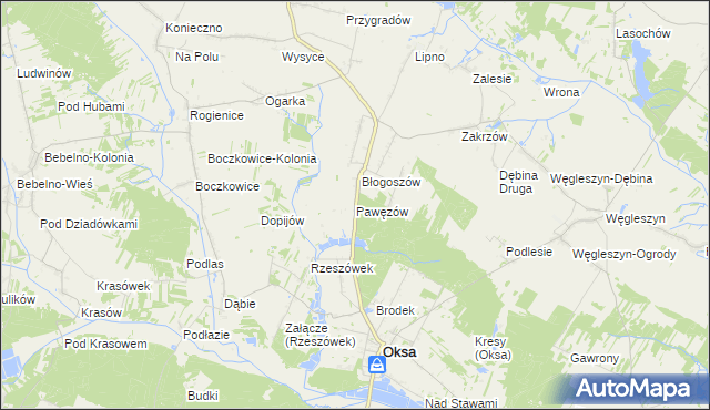 mapa Pawęzów gmina Oksa, Pawęzów gmina Oksa na mapie Targeo