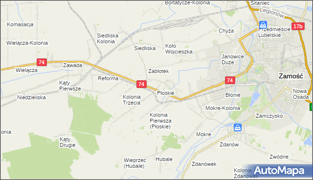 mapa Płoskie gmina Zamość, Płoskie gmina Zamość na mapie Targeo
