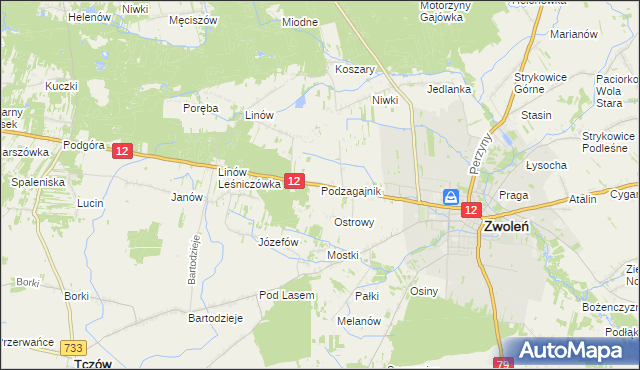 mapa Podzagajnik gmina Zwoleń, Podzagajnik gmina Zwoleń na mapie Targeo