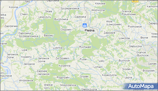 mapa Rychwałd gmina Pleśna, Rychwałd gmina Pleśna na mapie Targeo