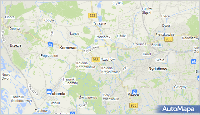 mapa Rzuchów gmina Kornowac, Rzuchów gmina Kornowac na mapie Targeo