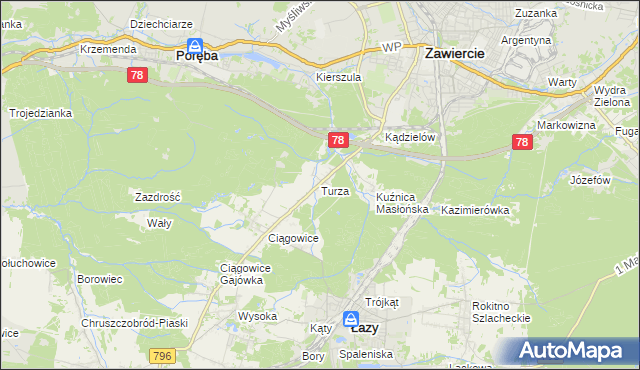 mapa Turza gmina Łazy, Turza gmina Łazy na mapie Targeo