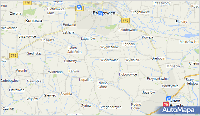 mapa Więckowice gmina Proszowice, Więckowice gmina Proszowice na mapie Targeo