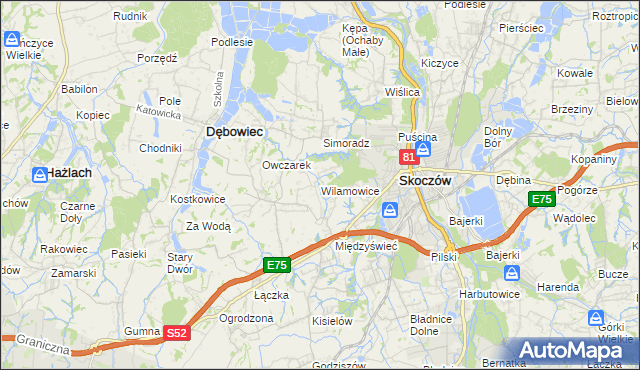 mapa Wilamowice gmina Skoczów, Wilamowice gmina Skoczów na mapie Targeo
