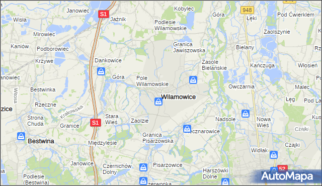 mapa Wilamowice powiat bielski, Wilamowice powiat bielski na mapie Targeo