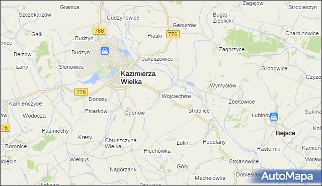 mapa Wojciechów gmina Kazimierza Wielka, Wojciechów gmina Kazimierza Wielka na mapie Targeo
