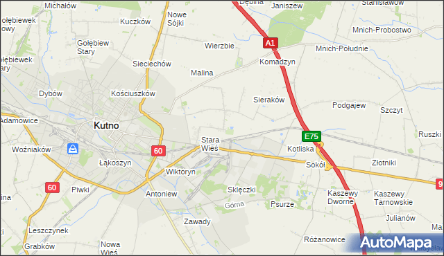 mapa Bielawki gmina Kutno, Bielawki gmina Kutno na mapie Targeo