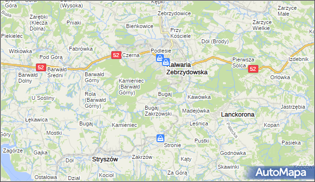 mapa Bugaj gmina Kalwaria Zebrzydowska, Bugaj gmina Kalwaria Zebrzydowska na mapie Targeo