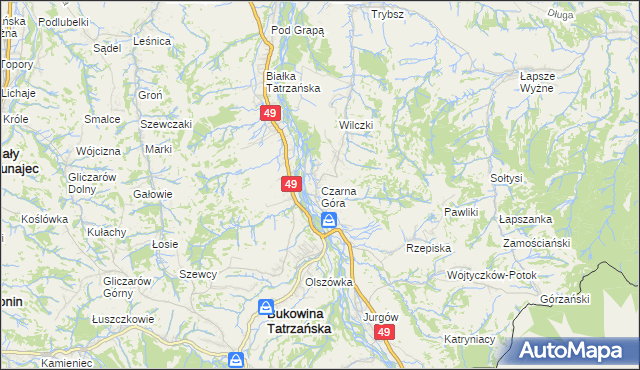 mapa Czarna Góra gmina Bukowina Tatrzańska, Czarna Góra gmina Bukowina Tatrzańska na mapie Targeo