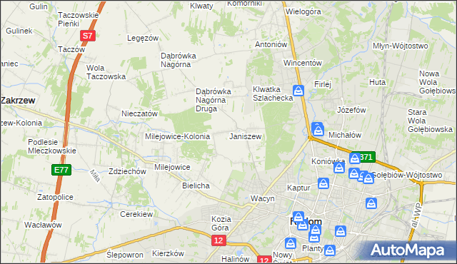 mapa Janiszew gmina Zakrzew, Janiszew gmina Zakrzew na mapie Targeo