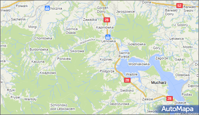 mapa Koziniec gmina Mucharz, Koziniec gmina Mucharz na mapie Targeo