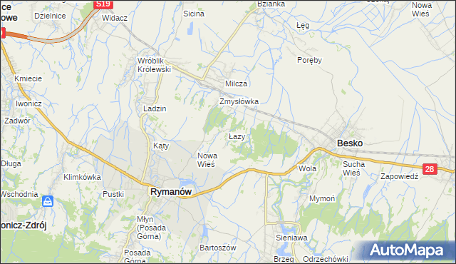 mapa Łazy gmina Rymanów, Łazy gmina Rymanów na mapie Targeo