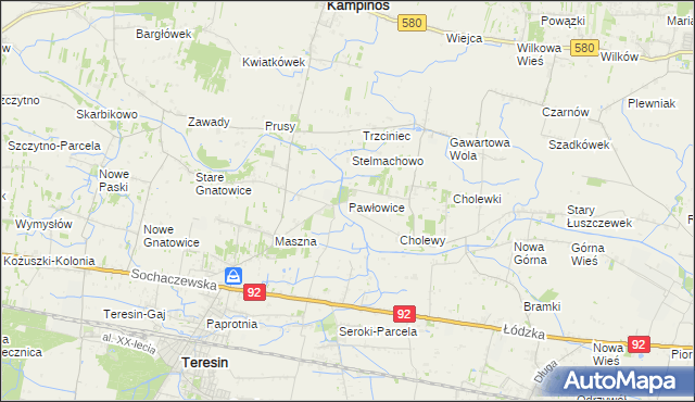 mapa Pawłowice gmina Teresin, Pawłowice gmina Teresin na mapie Targeo