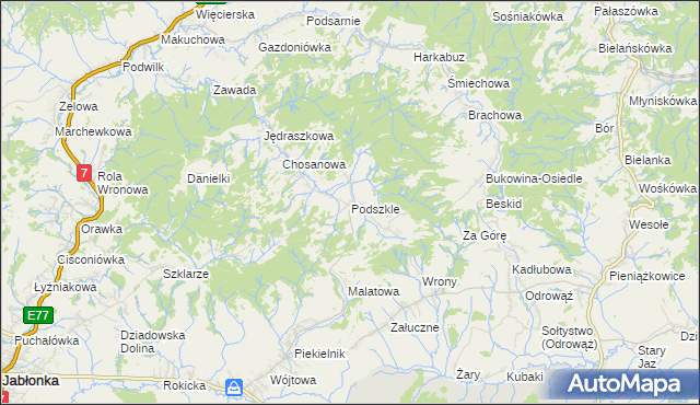 mapa Podszkle gmina Czarny Dunajec, Podszkle gmina Czarny Dunajec na mapie Targeo