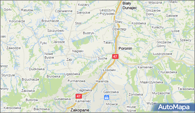 mapa Suche gmina Poronin, Suche gmina Poronin na mapie Targeo