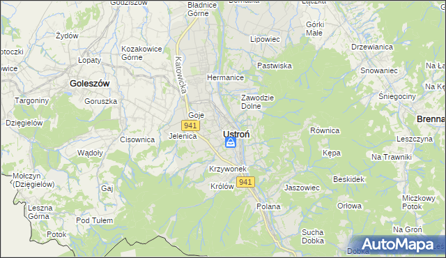 mapa Ustroń powiat cieszyński, Ustroń powiat cieszyński na mapie Targeo