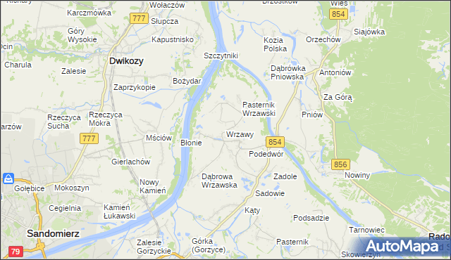 mapa Wrzawy gmina Gorzyce, Wrzawy gmina Gorzyce na mapie Targeo
