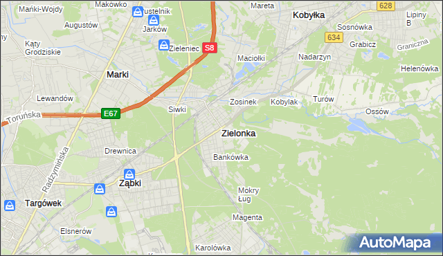 mapa Zielonka powiat wołomiński, Zielonka powiat wołomiński na mapie Targeo