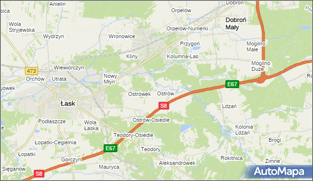 mapa Ostrów gmina Łask, Ostrów gmina Łask na mapie Targeo