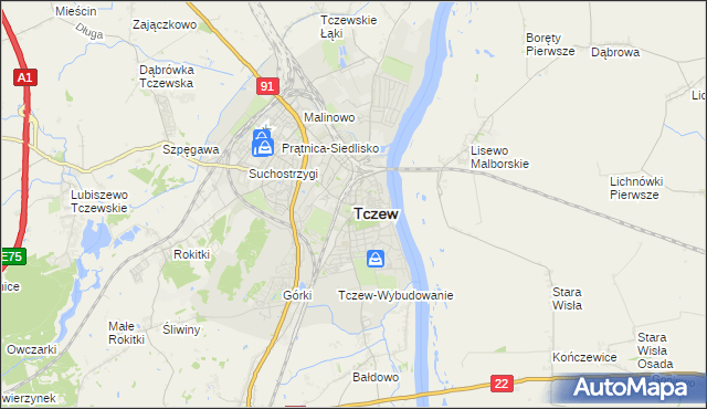mapa Tczew, Tczew na mapie Targeo