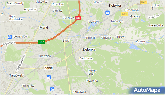 mapa Zielonka powiat wołomiński, Zielonka powiat wołomiński na mapie Targeo