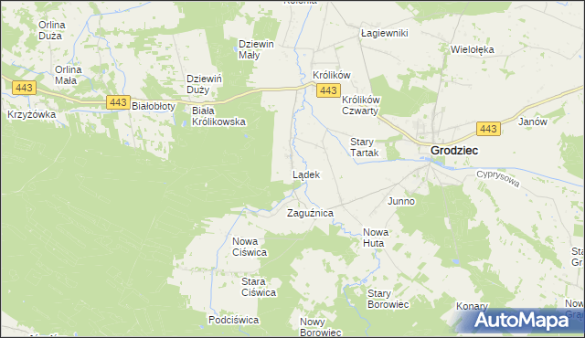 mapa Lądek gmina Grodziec, Lądek gmina Grodziec na mapie Targeo