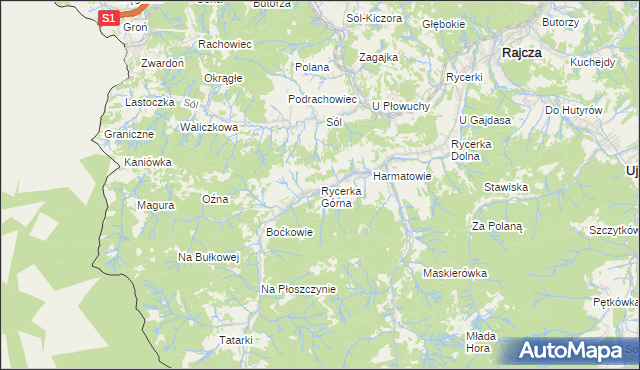 mapa Rycerka Górna, Rycerka Górna na mapie Targeo