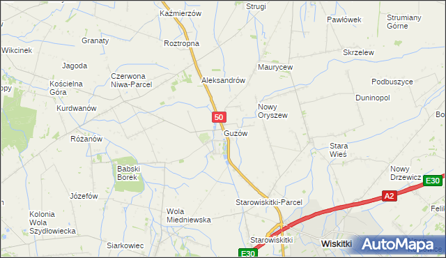 mapa Guzów gmina Wiskitki, Guzów gmina Wiskitki na mapie Targeo