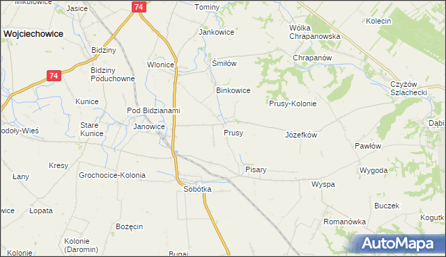 mapa Prusy gmina Ożarów, Prusy gmina Ożarów na mapie Targeo