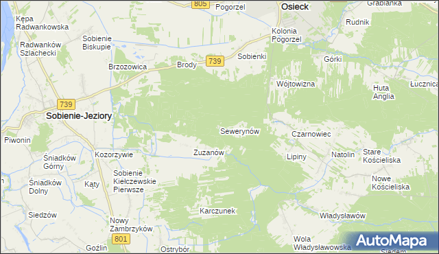 mapa Sewerynów gmina Sobienie-Jeziory, Sewerynów gmina Sobienie-Jeziory na mapie Targeo