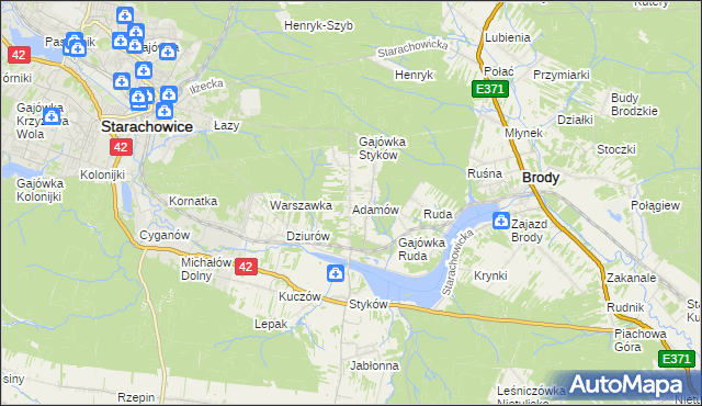 mapa Adamów gmina Brody, Adamów gmina Brody na mapie Targeo