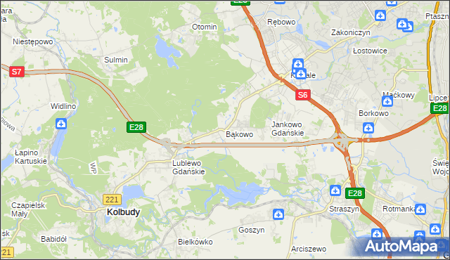 mapa Bąkowo gmina Kolbudy, Bąkowo gmina Kolbudy na mapie Targeo