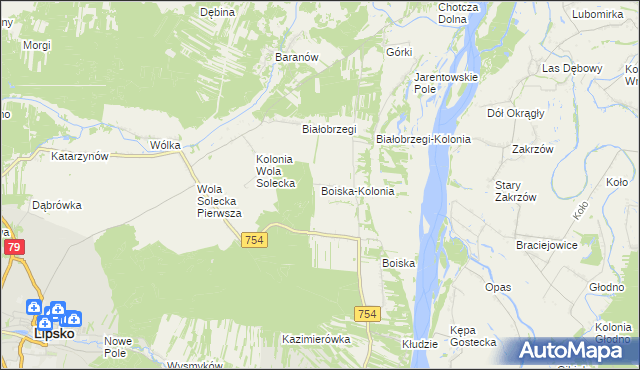 mapa Boiska-Kolonia gmina Solec nad Wisłą, Boiska-Kolonia gmina Solec nad Wisłą na mapie Targeo