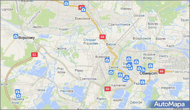 mapa Brzezinka gmina Oświęcim, Brzezinka gmina Oświęcim na mapie Targeo