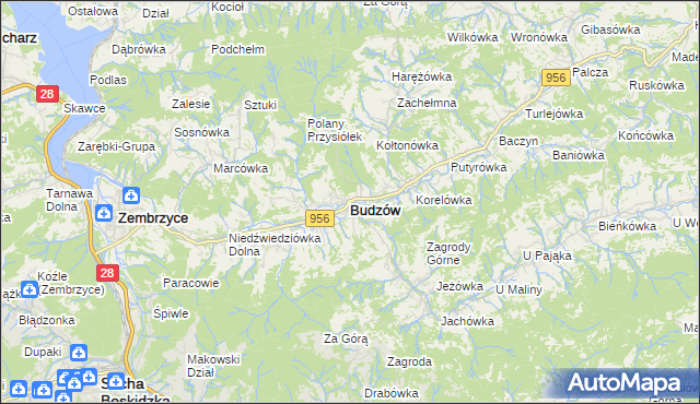 mapa Budzów powiat suski, Budzów powiat suski na mapie Targeo