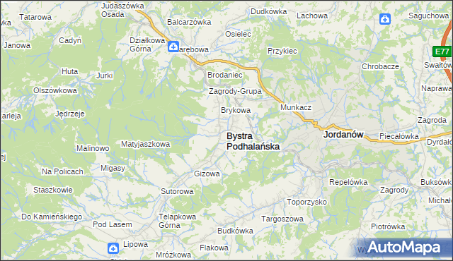 mapa Bystra Podhalańska, Bystra Podhalańska na mapie Targeo