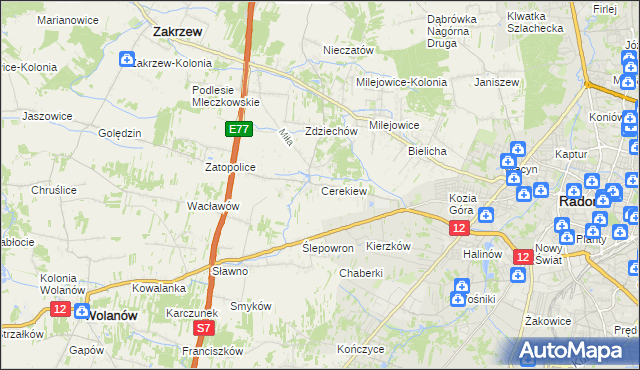 mapa Cerekiew gmina Zakrzew, Cerekiew gmina Zakrzew na mapie Targeo