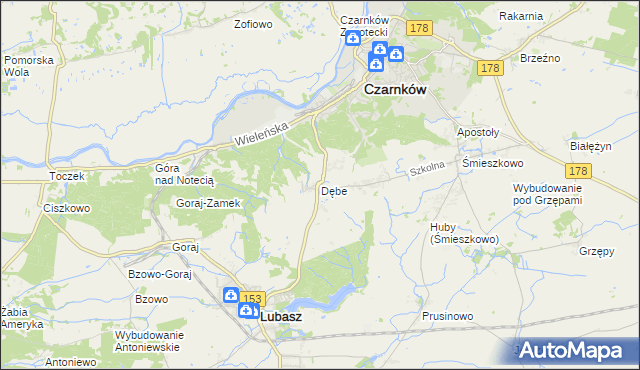 mapa Dębe gmina Lubasz, Dębe gmina Lubasz na mapie Targeo